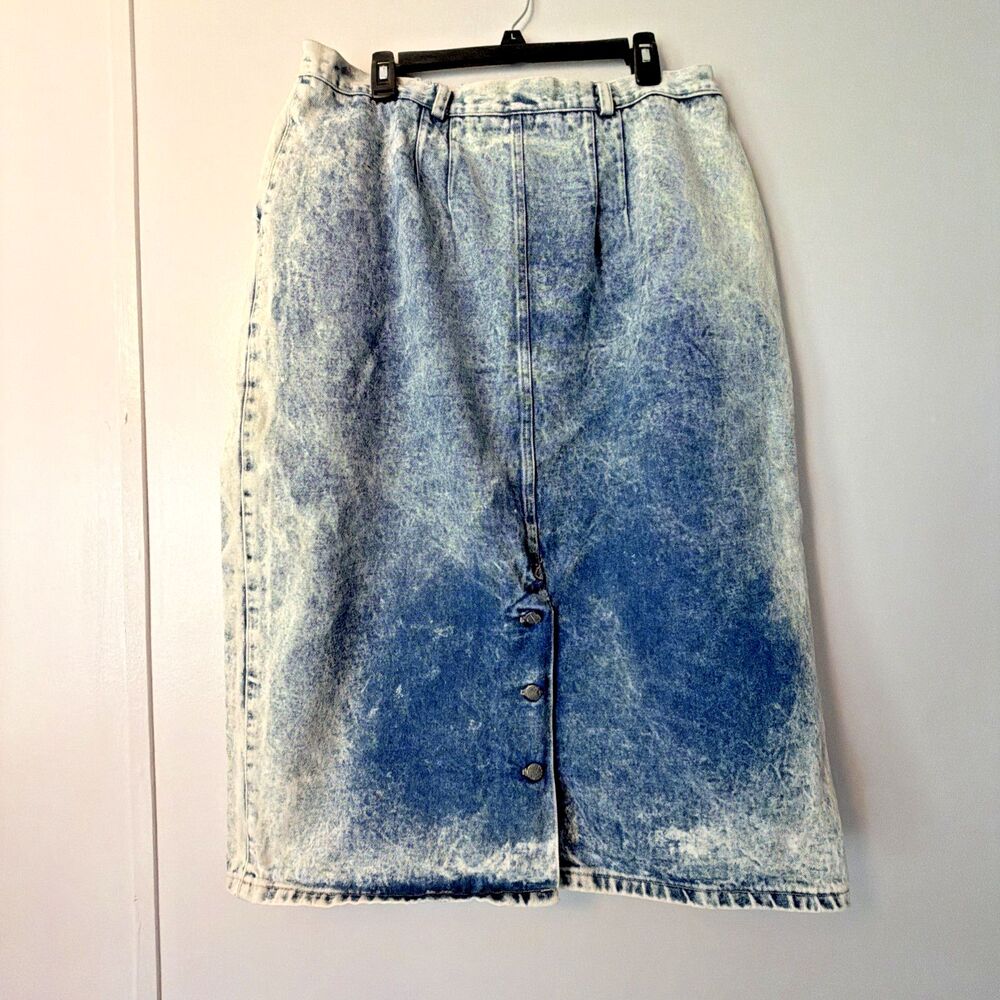 Vintage 80s Palmettos Acid Wash Denim Midi Skirt Pleated Button Back Slit L 16 - Picture 2 of 16